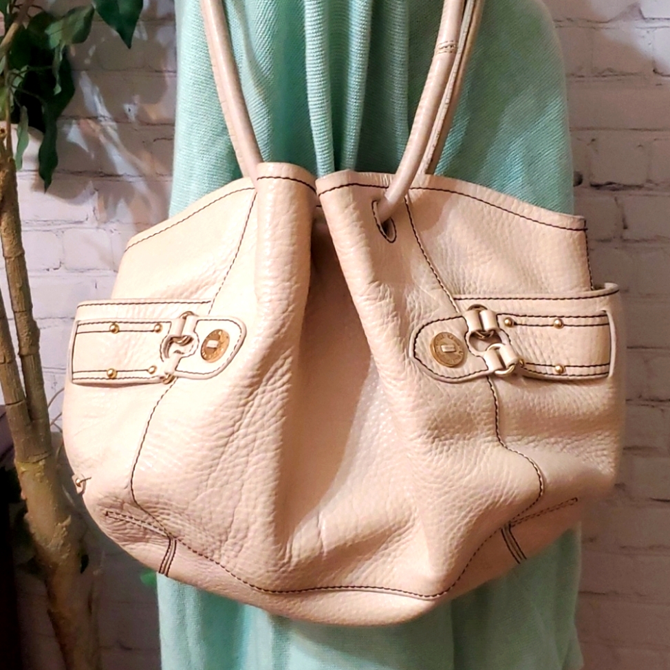 Cole Haan Cream Pebbled Cinched Leather Hobo Bag